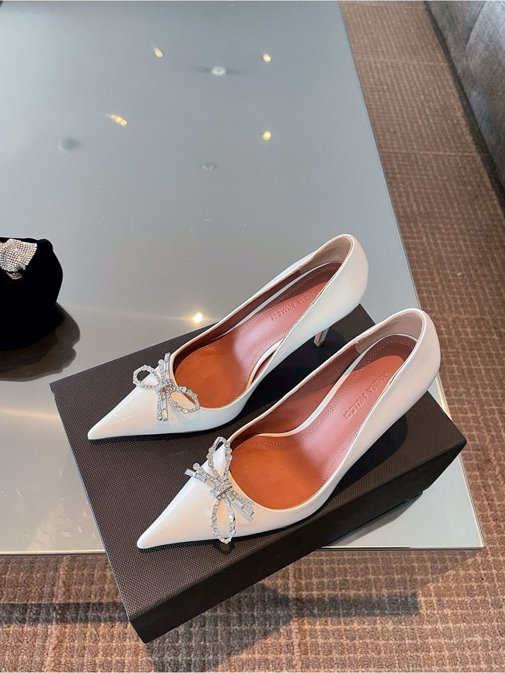 Amina Muaddi White Patent Pointed Pump with Crystal Bow - Picture 9 of 9